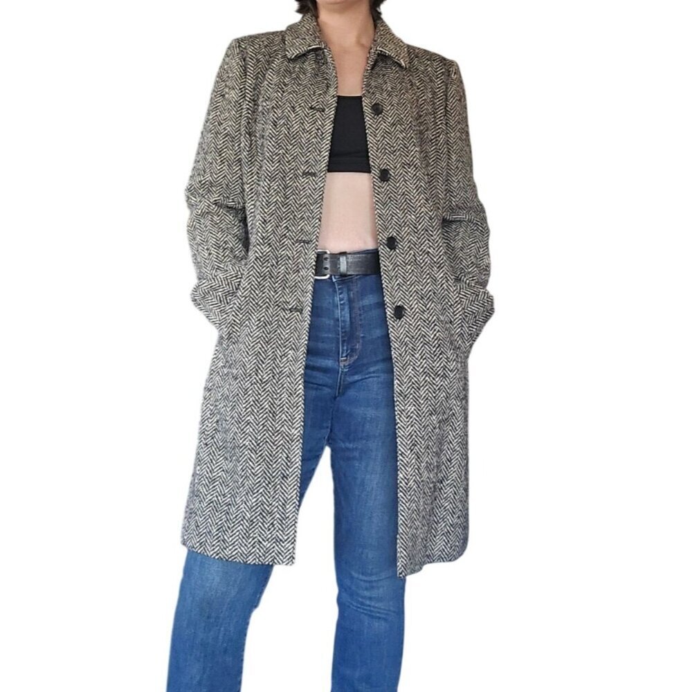 Vintage Ann Taylor Black White Herringbone Tweed Wool Blend Coat Women's Size 14